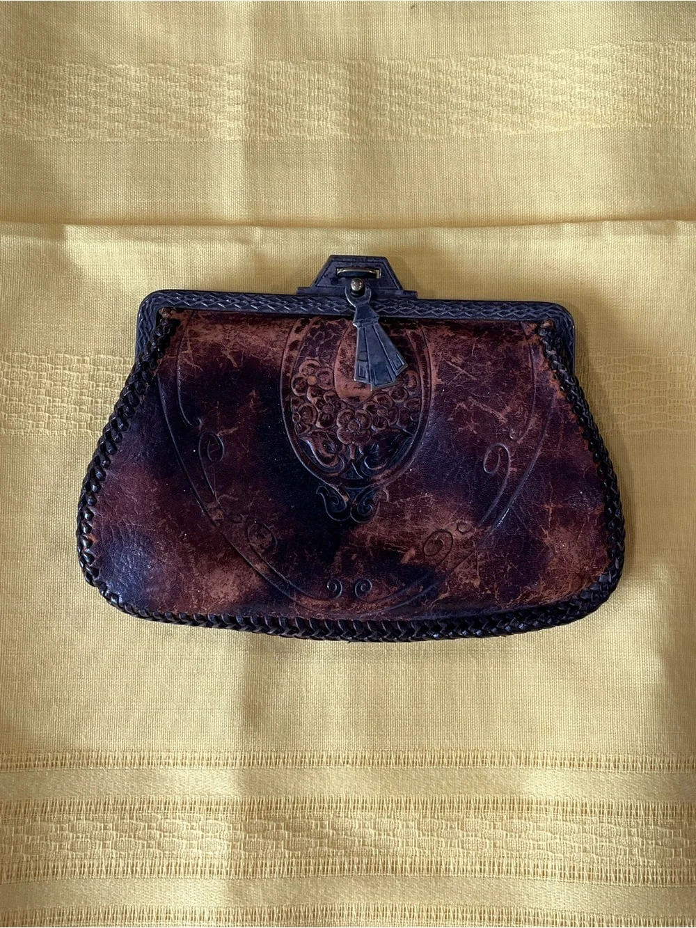 Rare! 1920’s Art Nouveau Hand Tooled Leather Purse/Clasp Bag